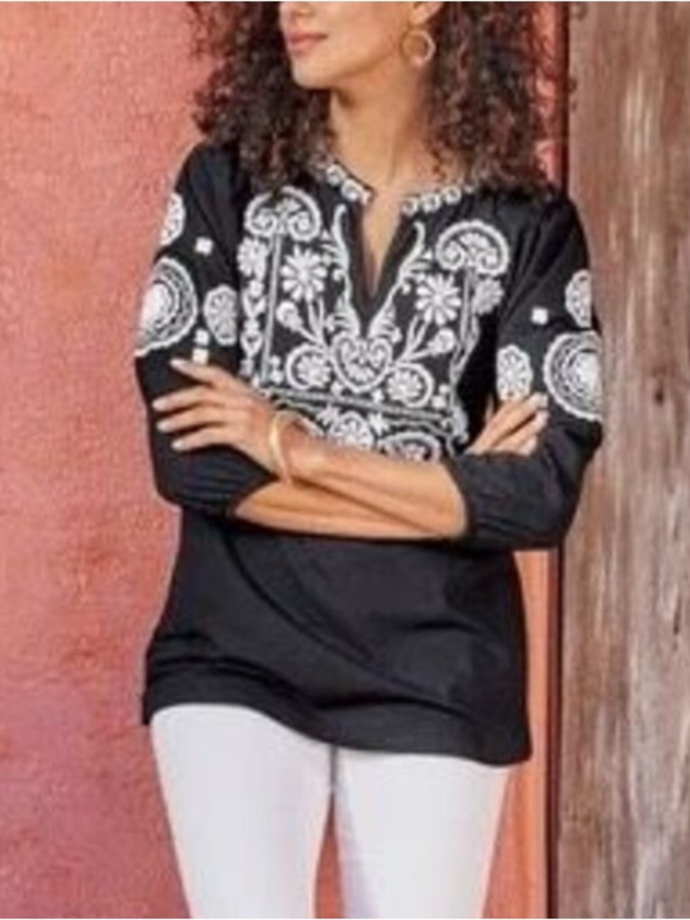 Soft Surroundings Women PM Black White Embroidered 3/4 Sleeve Georgina Tunic NWT